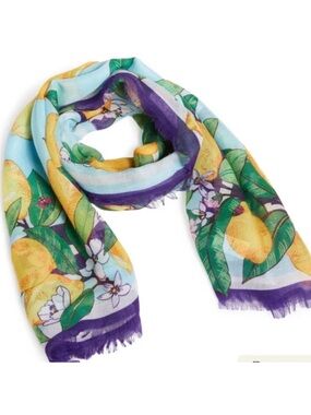 Vera Bradley Lemon Grove Blue Yellow Green Purple White Blossoms Fringe Scarf